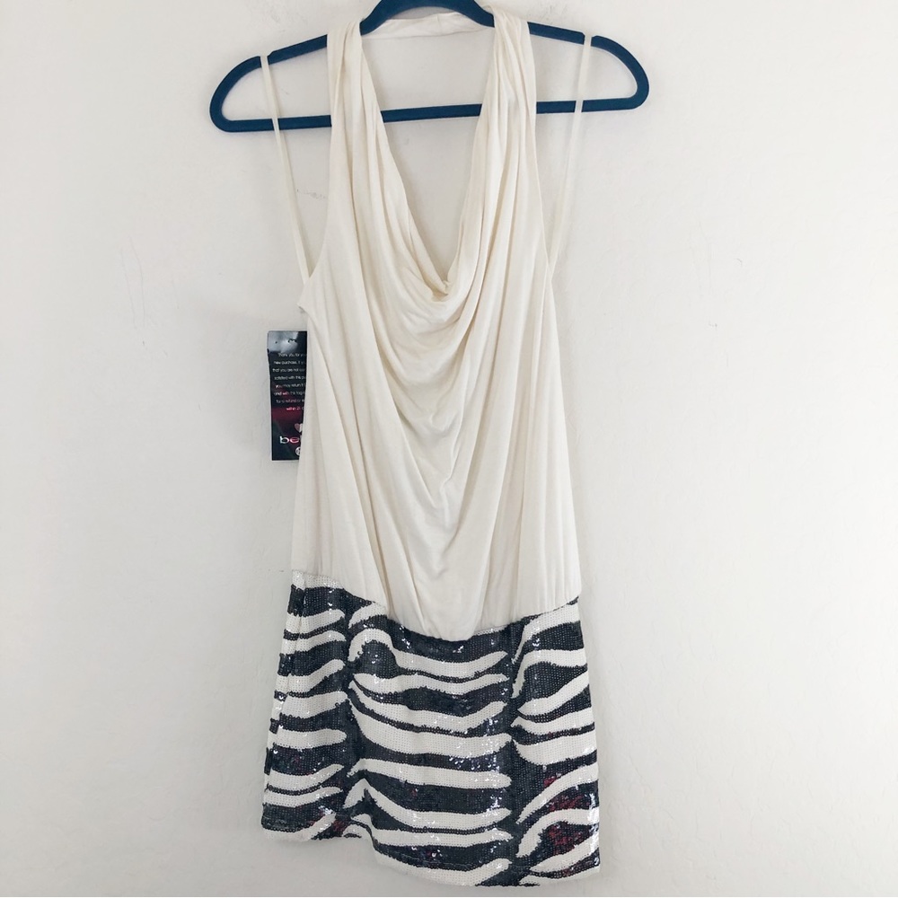 Bebe Zebra Sequin Halter Cowl Neck Dress size Extra Small